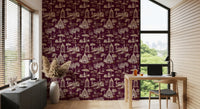 Modern Toile de Jouy Swan Victorian Garden Scenery - Royal Jewel Tone Wallpaper⁠
