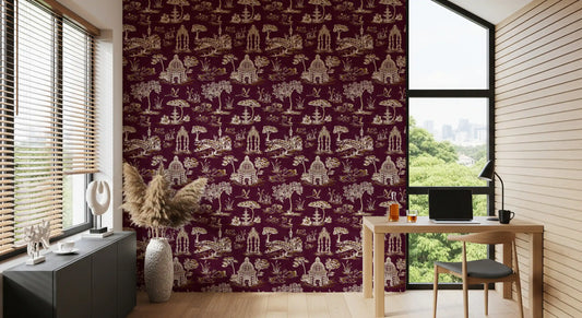 Modern Toile de Jouy Swan Victorian Garden Scenery - Royal Jewel Tone Wallpaper⁠