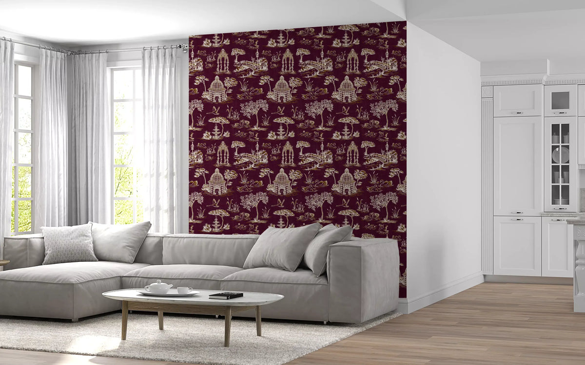 Modern Toile de Jouy Swan Victorian Garden Scenery - Royal Jewel Tone Wallpaper⁠