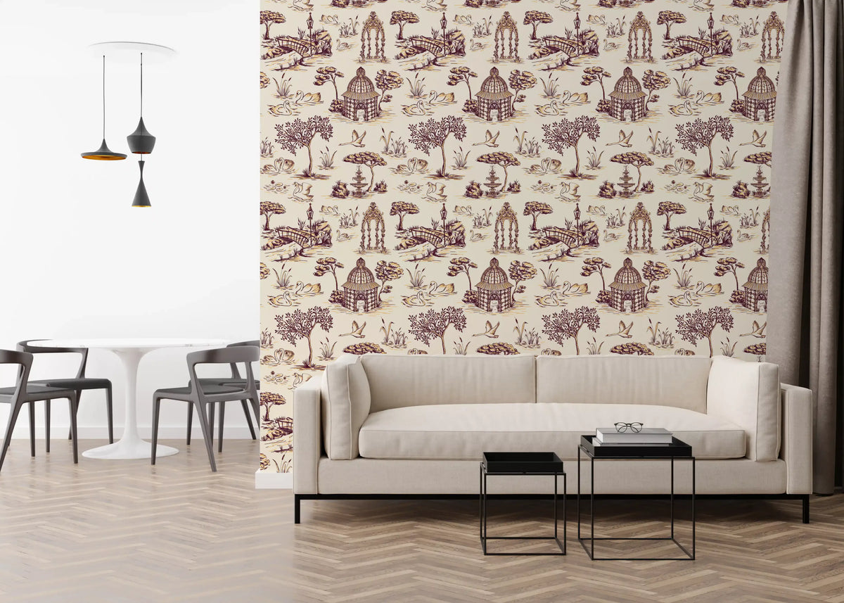 Modern Toile de Jouy Swan Victorian Garden Scenery - Rich Contrast Wallpaper⁠