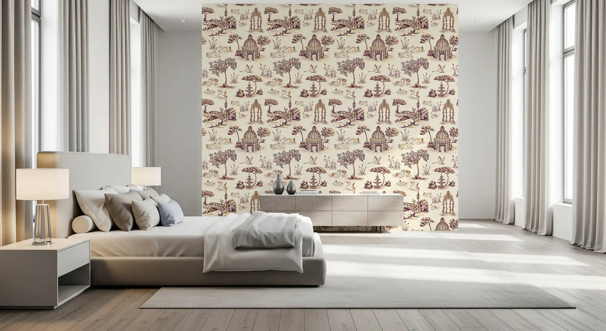 Modern Toile de Jouy Swan Victorian Garden Scenery - Rich Contrast Wallpaper⁠