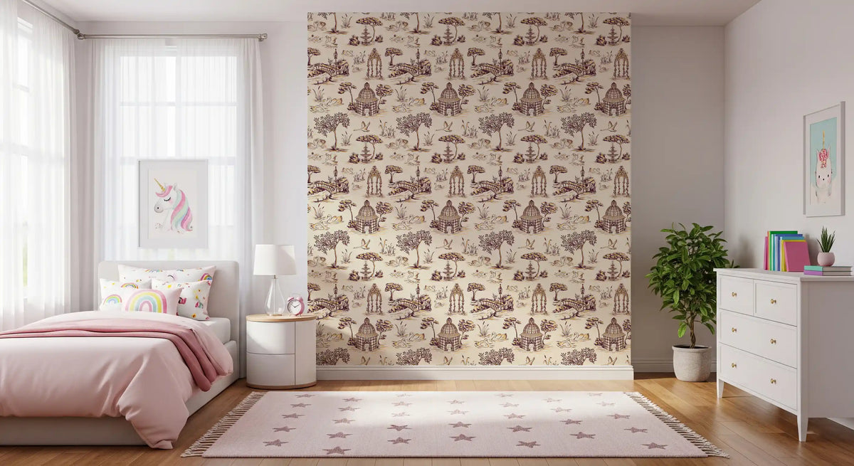 Modern Toile de Jouy Swan Victorian Garden Scenery - Rich Contrast Wallpaper⁠