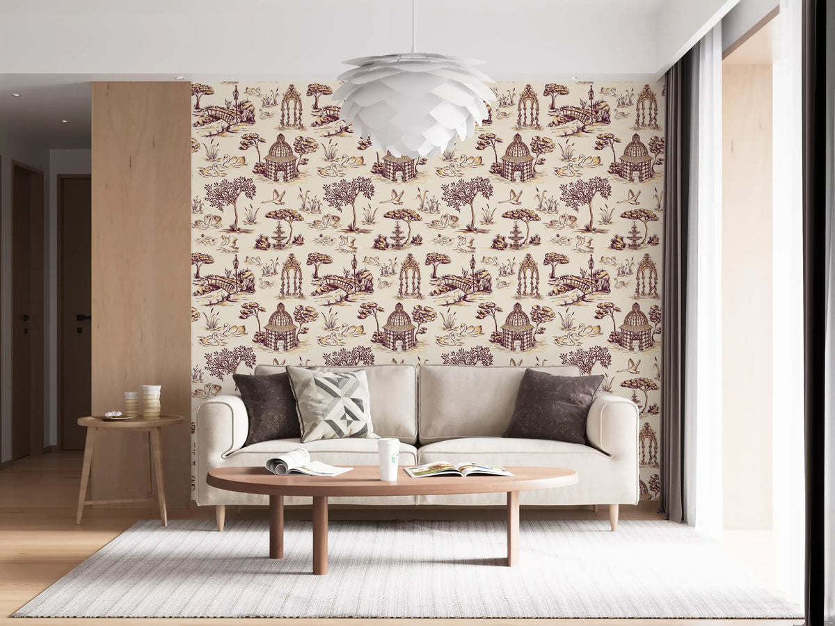 Modern Toile de Jouy Swan Victorian Garden Scenery - Rich Contrast Wallpaper⁠
