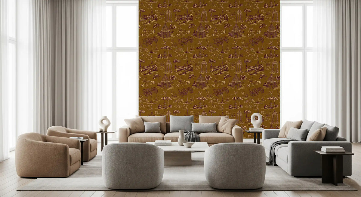 Modern Toile de Jouy Swan Victorian Garden Scenery - Regal Gilded Warmth Wallpaper⁠