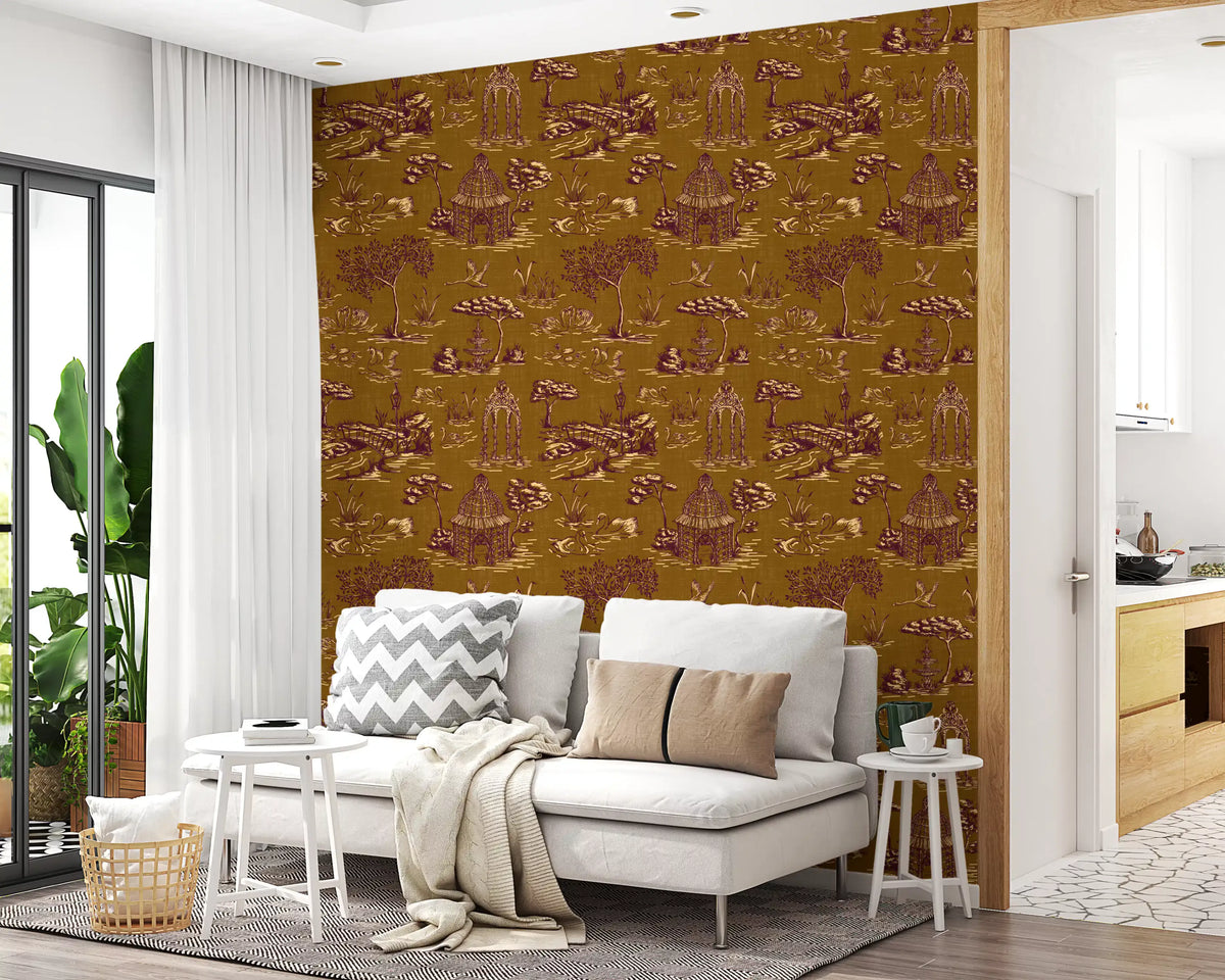Modern Toile de Jouy Swan Victorian Garden Scenery - Regal Gilded Warmth Wallpaper⁠