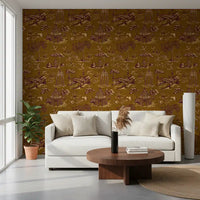 Modern Toile de Jouy Swan Victorian Garden Scenery - Regal Gilded Warmth Wallpaper⁠