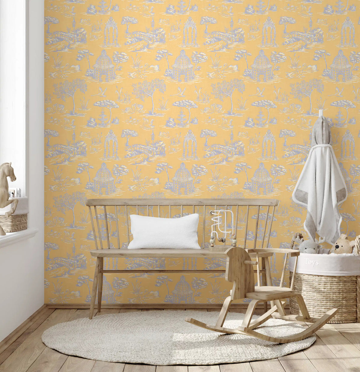 Modern Toile de Jouy Swan Victorian Garden Scenery - Modern Pastel Contrast Wallpaper⁠