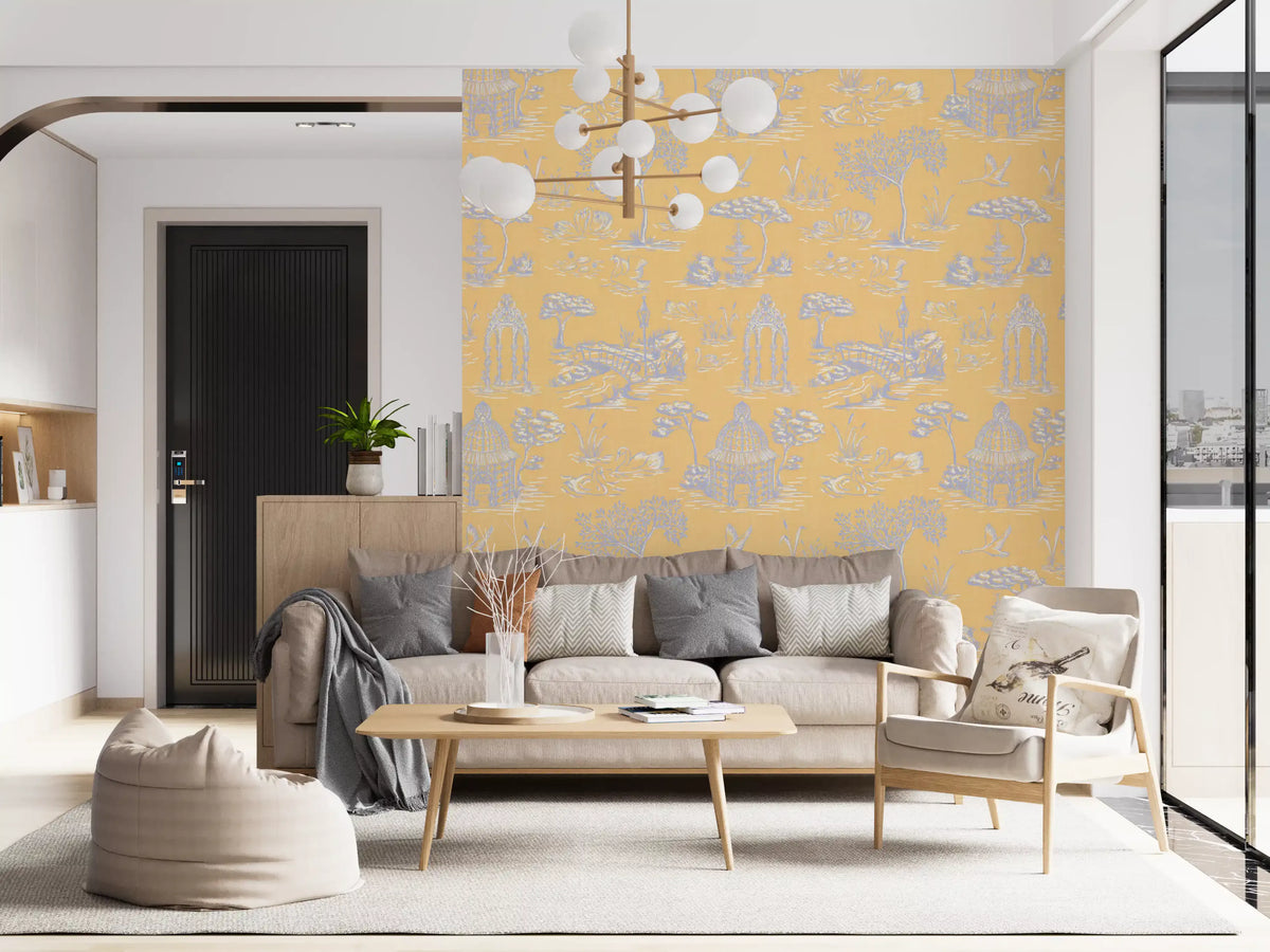 Modern Toile de Jouy Swan Victorian Garden Scenery - Modern Pastel Contrast Wallpaper⁠