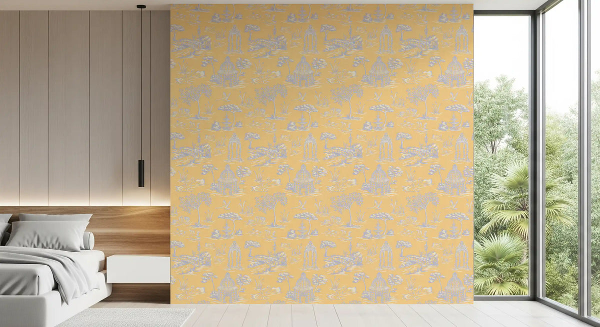 Modern Toile de Jouy Swan Victorian Garden Scenery - Modern Pastel Contrast Wallpaper⁠
