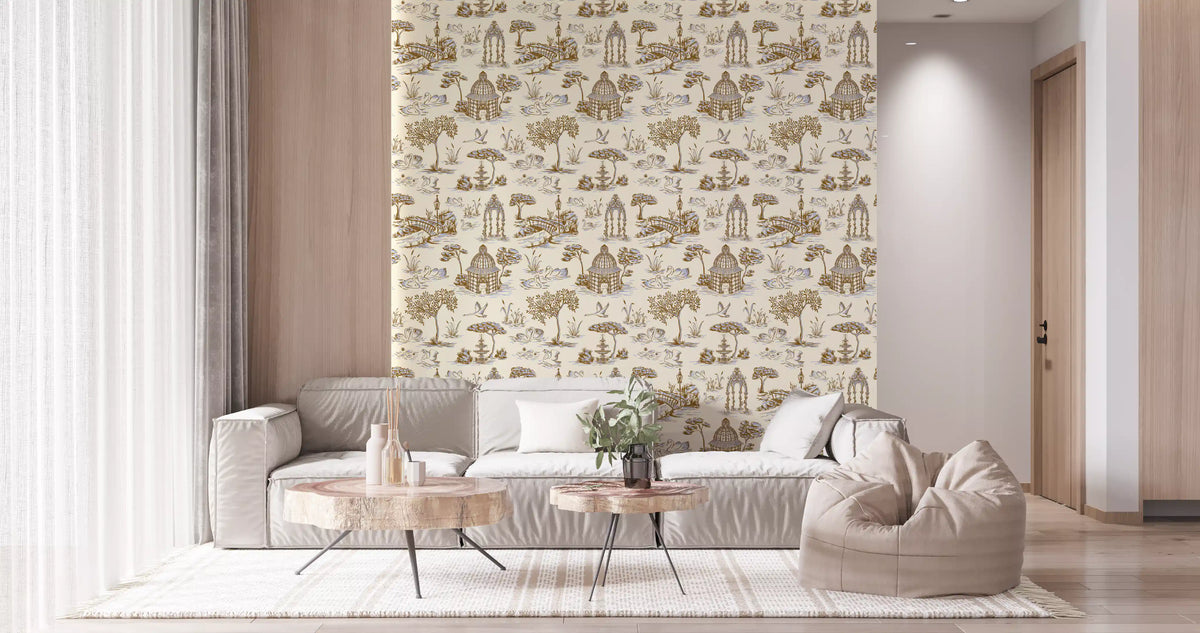 Modern Toile de Jouy Swan Victorian Garden Scenery - Gilded Contrast Wallpaper⁠