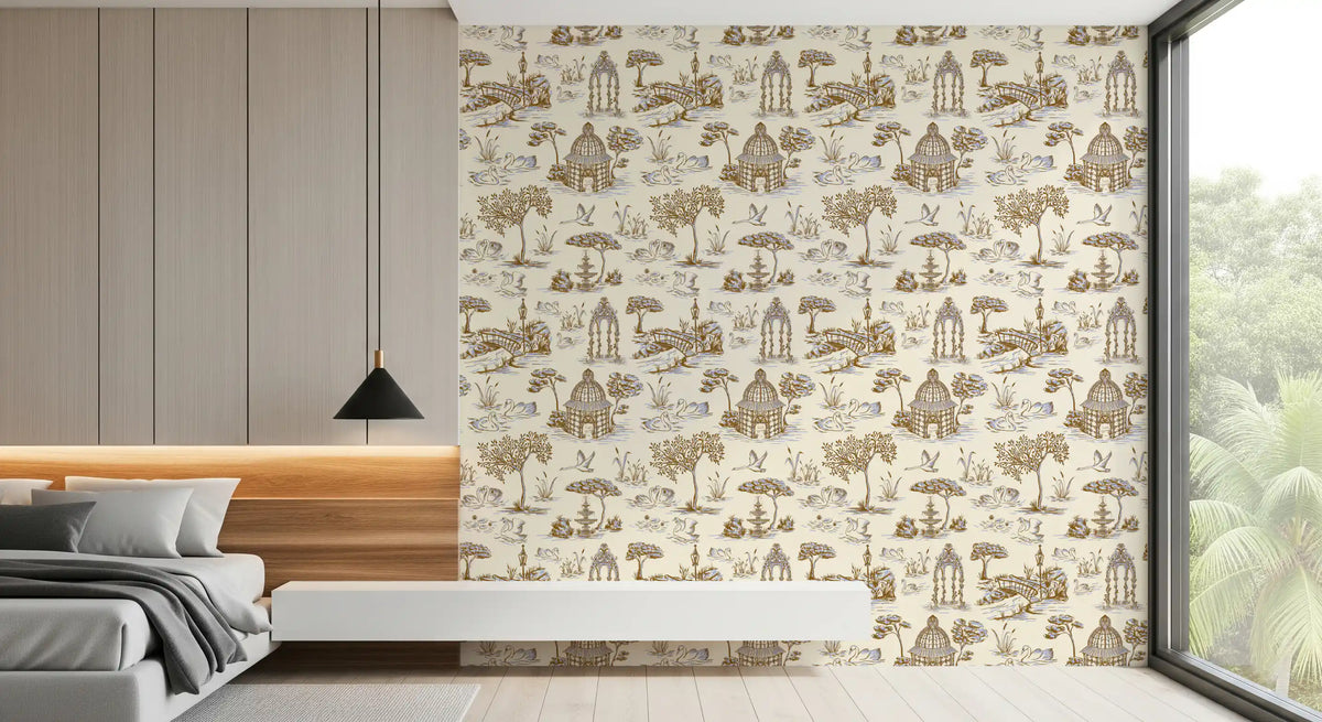 Modern Toile de Jouy Swan Victorian Garden Scenery - Gilded Contrast Wallpaper⁠