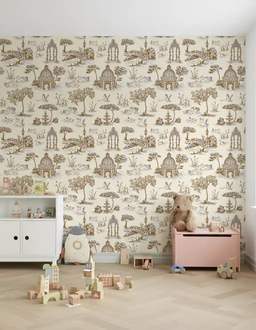 Modern Toile de Jouy Swan Victorian Garden Scenery - Gilded Contrast Wallpaper⁠