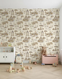 Modern Toile de Jouy Swan Victorian Garden Scenery - Gilded Contrast Wallpaper⁠