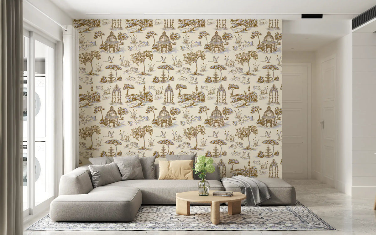 Modern Toile de Jouy Swan Victorian Garden Scenery - Gilded Contrast Wallpaper⁠