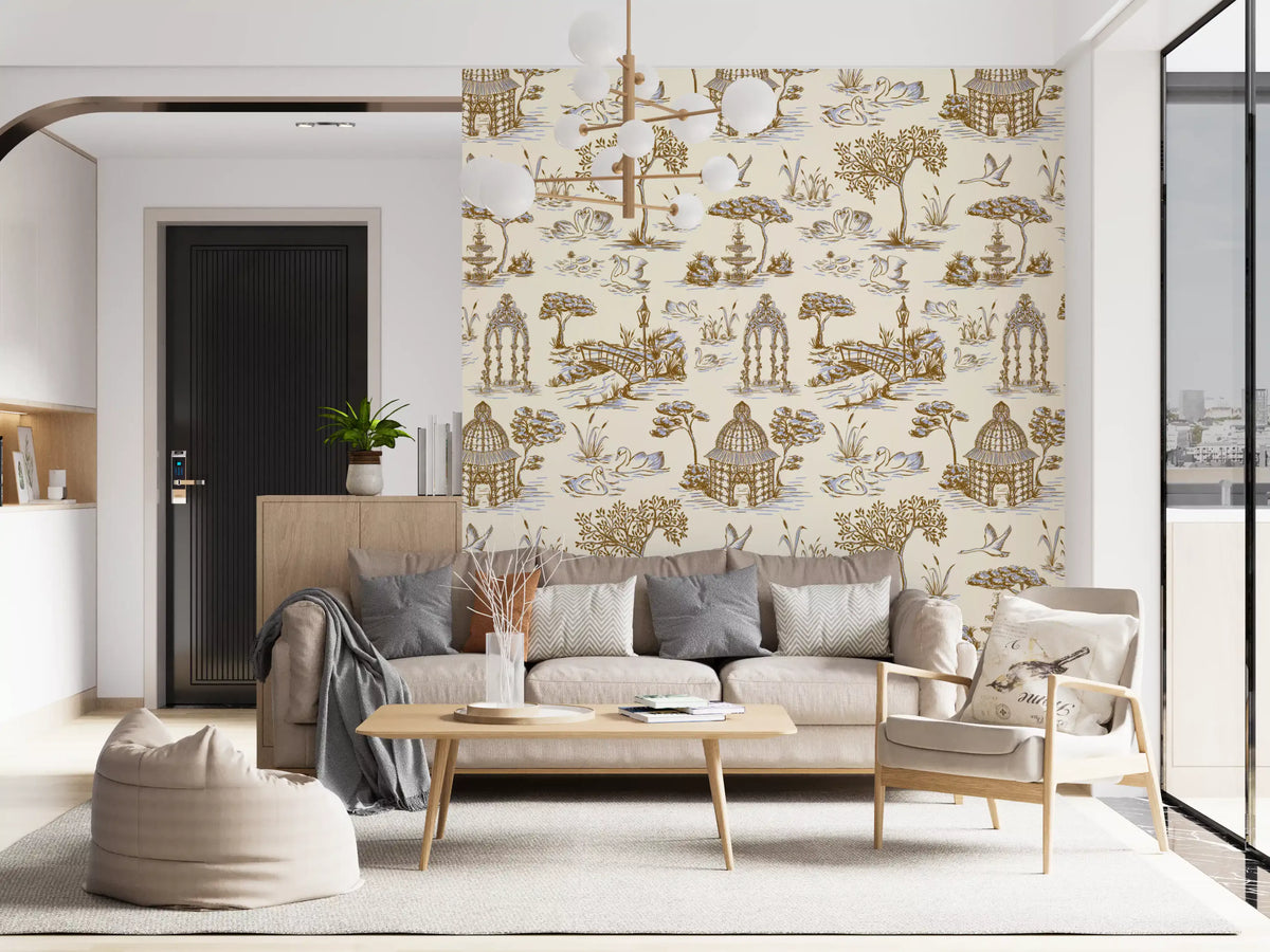 Modern Toile de Jouy Swan Victorian Garden Scenery - Gilded Contrast Wallpaper⁠