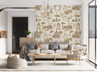 Modern Toile de Jouy Swan Victorian Garden Scenery - Gilded Contrast Wallpaper⁠