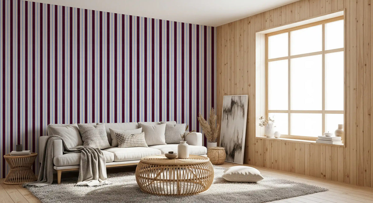 Ivy League Faux Linen Vertical Stripes - Burgundy Lilac And Cream Wallpaper⁠