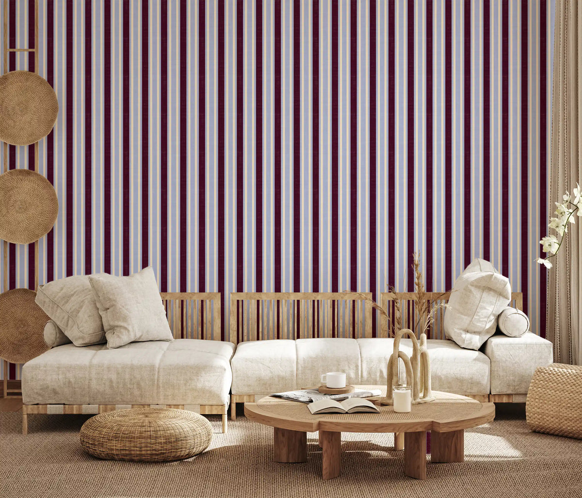 Ivy League Faux Linen Vertical Stripes - Burgundy Lilac And Cream Wallpaper⁠