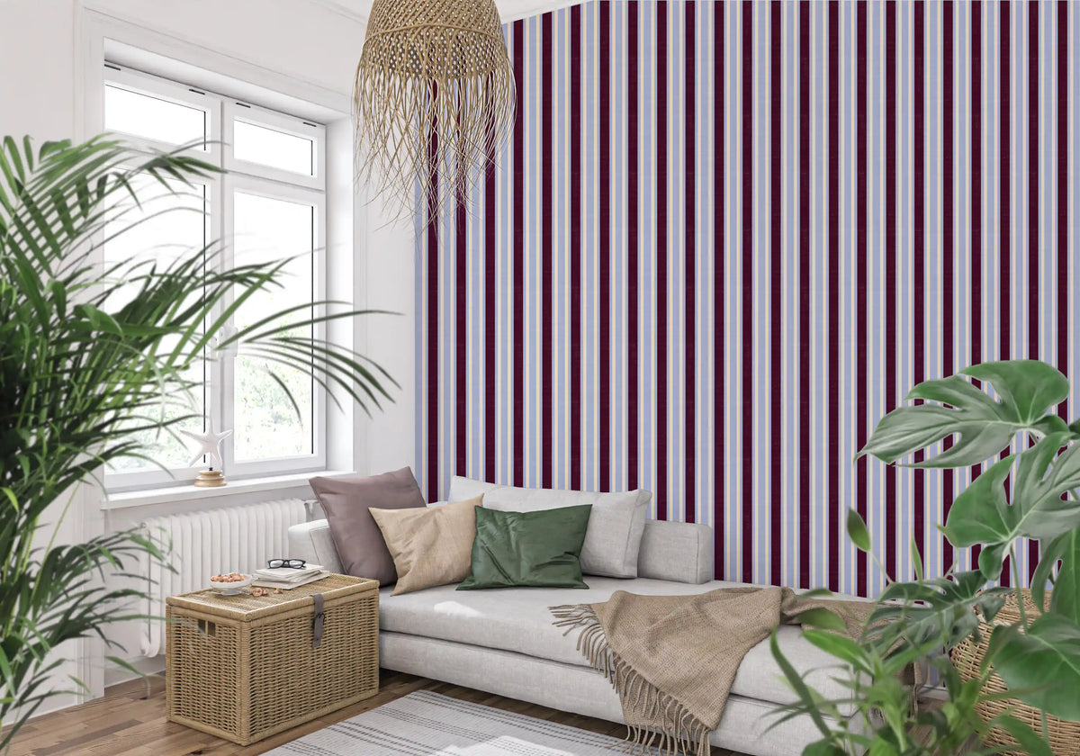Ivy League Faux Linen Vertical Stripes - Burgundy Lilac And Cream Wallpaper⁠