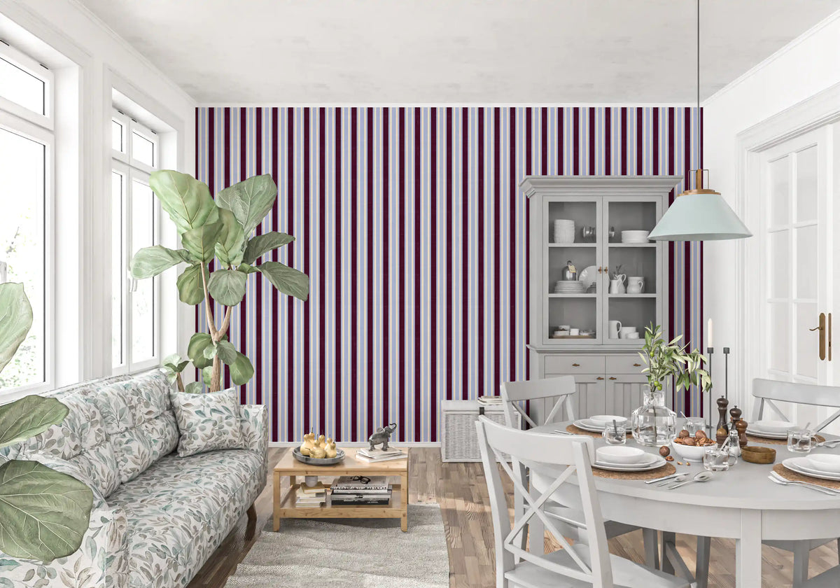 Ivy League Faux Linen Vertical Stripes - Burgundy Lilac And Cream Wallpaper⁠