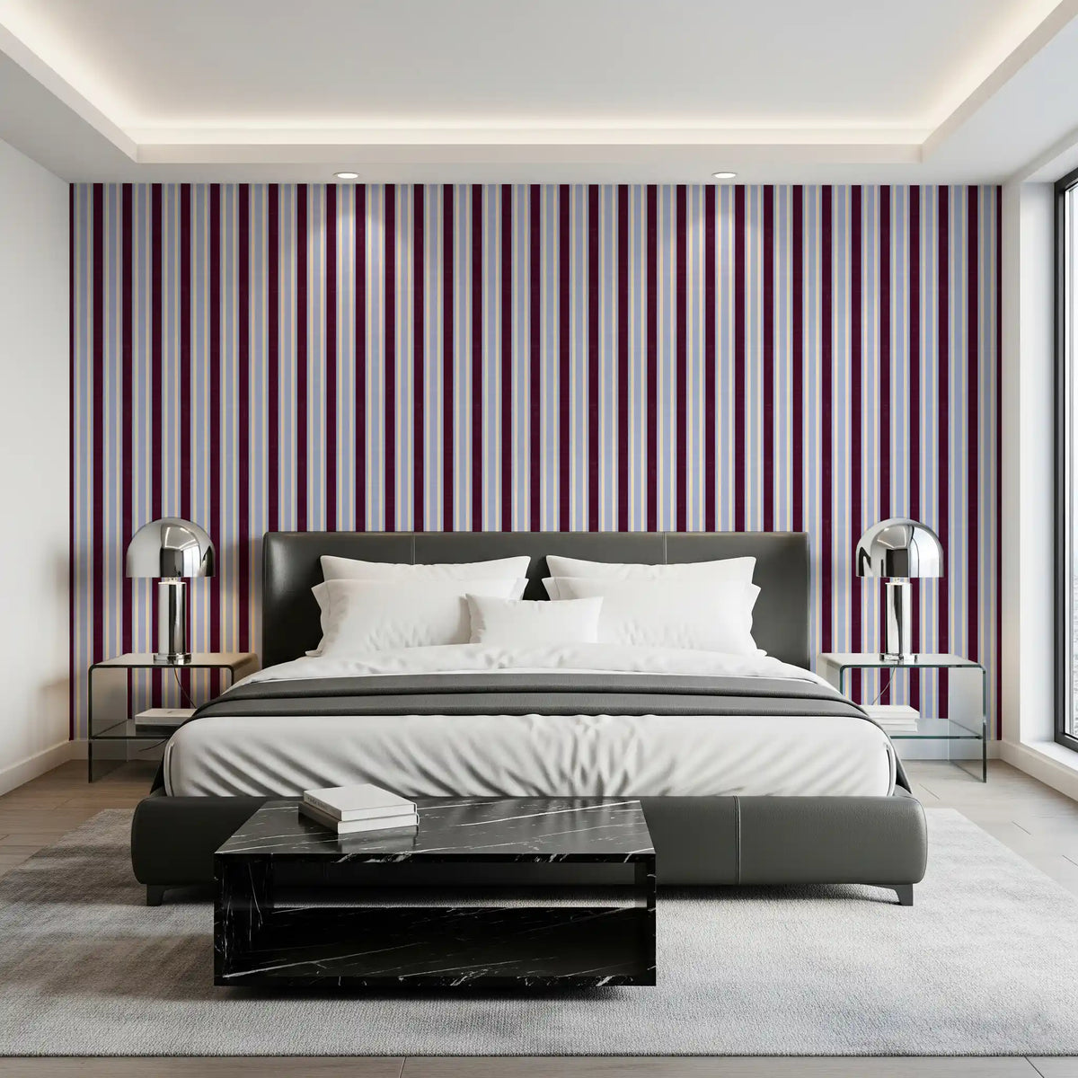 Ivy League Faux Linen Vertical Stripes - Burgundy Lilac And Cream Wallpaper⁠