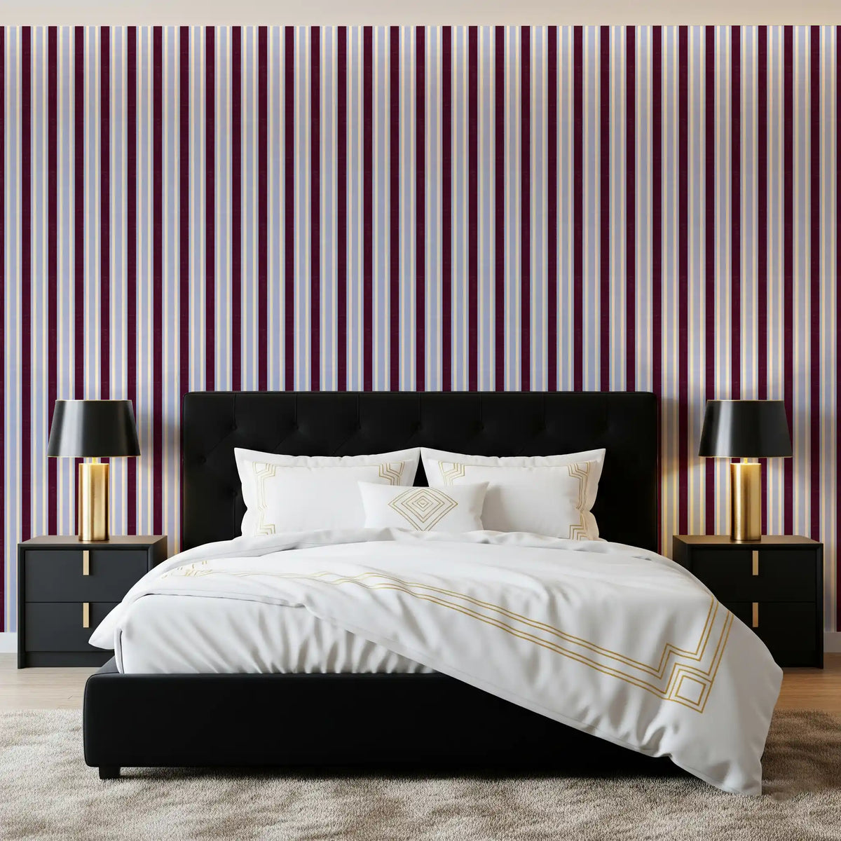 Ivy League Faux Linen Vertical Stripes - Burgundy Lilac And Cream Wallpaper⁠