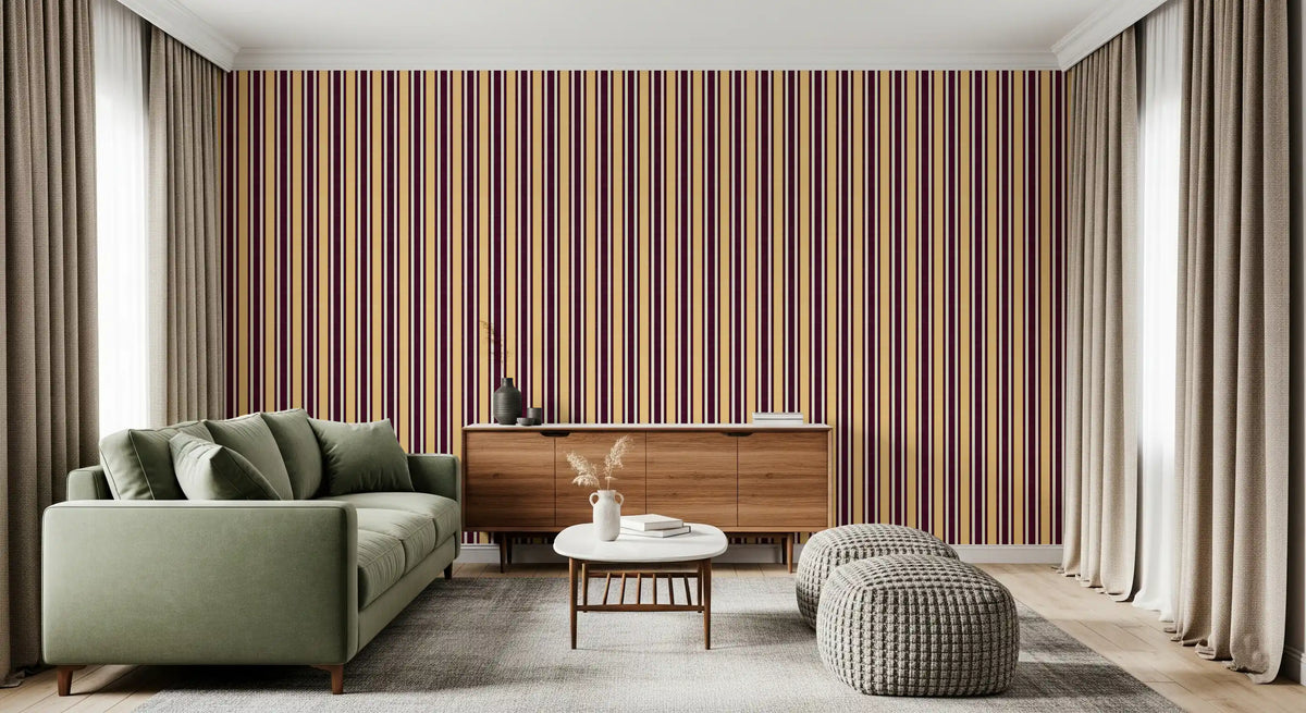 Ivy League Faux Linen Vertical Stripes - Butter Burgundy And Cream Wallpaper⁠