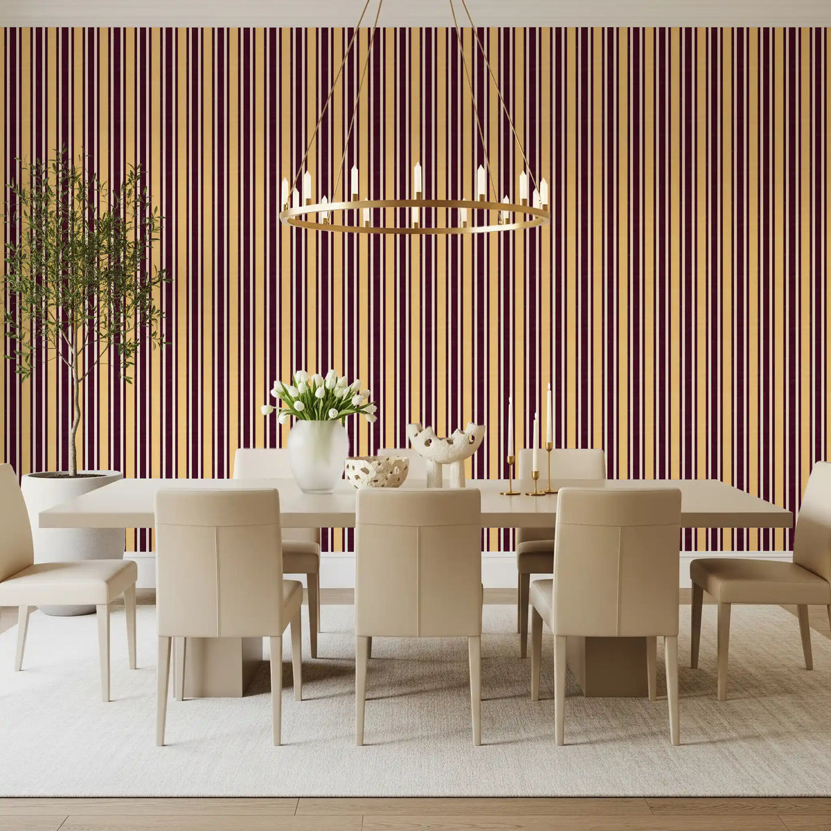 Ivy League Faux Linen Vertical Stripes - Butter Burgundy And Cream Wallpaper⁠