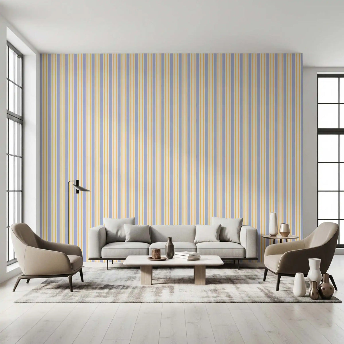 Ivy League Faux Linen Vertical Stripes - Butter Lilac And Cream Wallpaper⁠