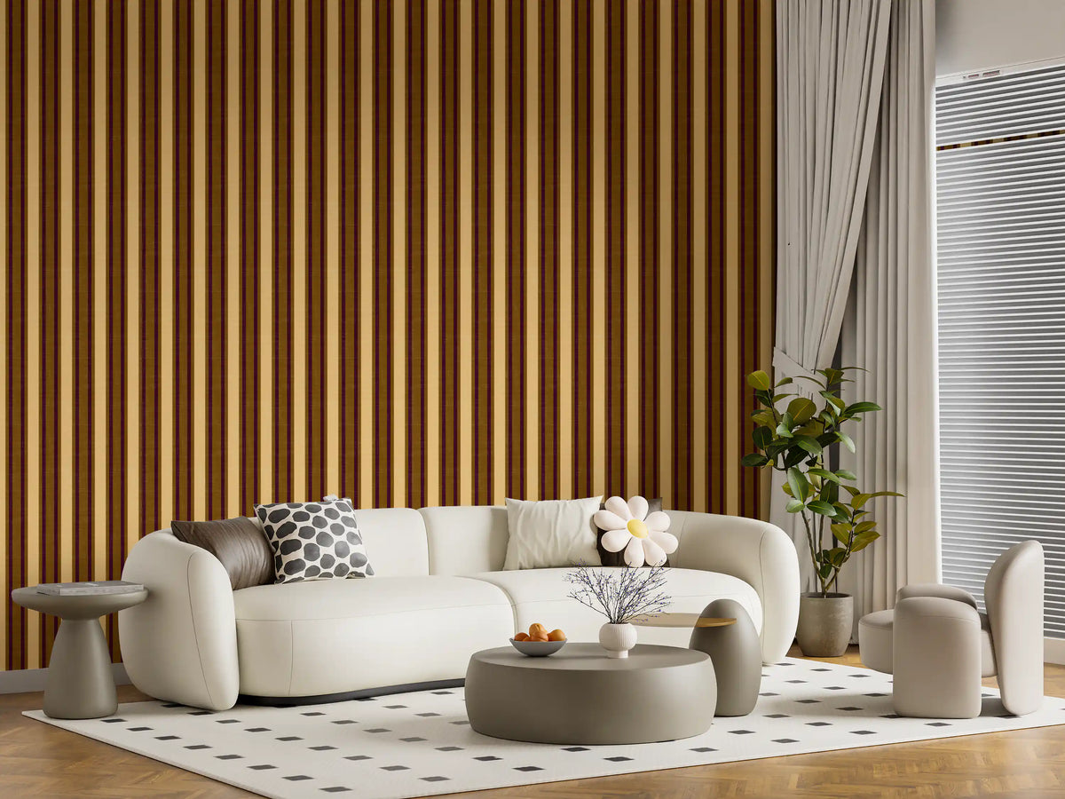Ivy League Faux Linen Vertical Stripes - Butter Mustard And Burgundy Wallpaper⁠