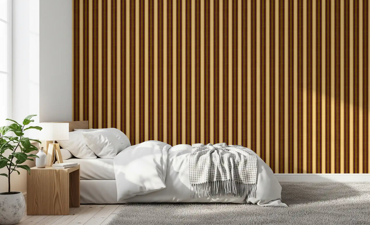 Ivy League Faux Linen Vertical Stripes - Butter Mustard And Burgundy Wallpaper⁠