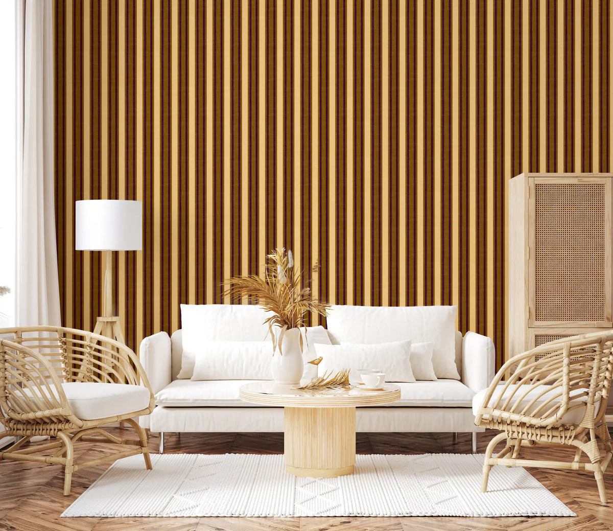 Ivy League Faux Linen Vertical Stripes - Butter Mustard And Burgundy Wallpaper⁠