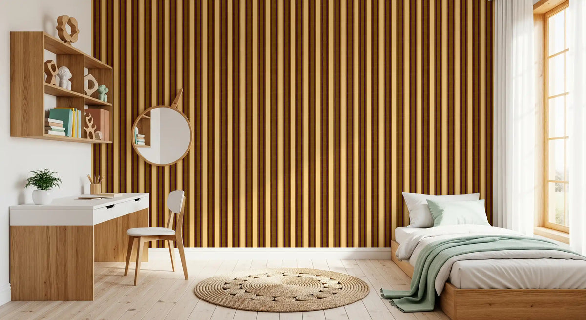 Ivy League Faux Linen Vertical Stripes - Butter Mustard And Burgundy Wallpaper⁠
