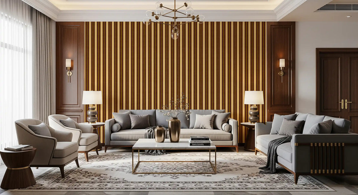 Ivy League Faux Linen Vertical Stripes - Butter Mustard And Burgundy Wallpaper⁠
