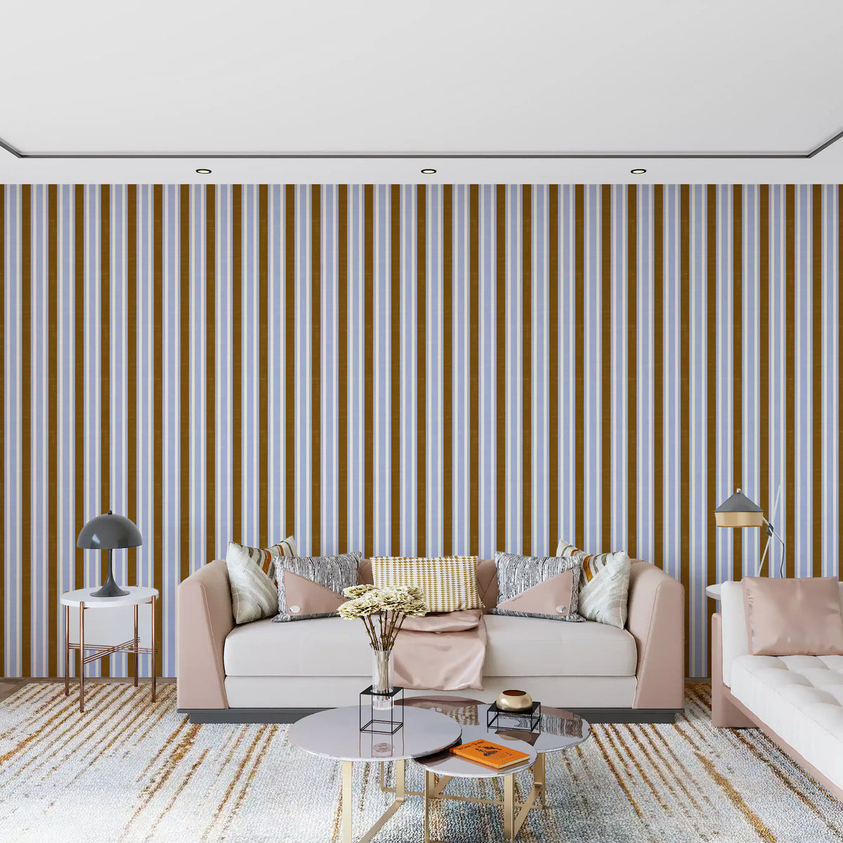Ivy League Faux Linen Vertical Stripes - Lilac Mustard And Cream Wallpaper⁠
