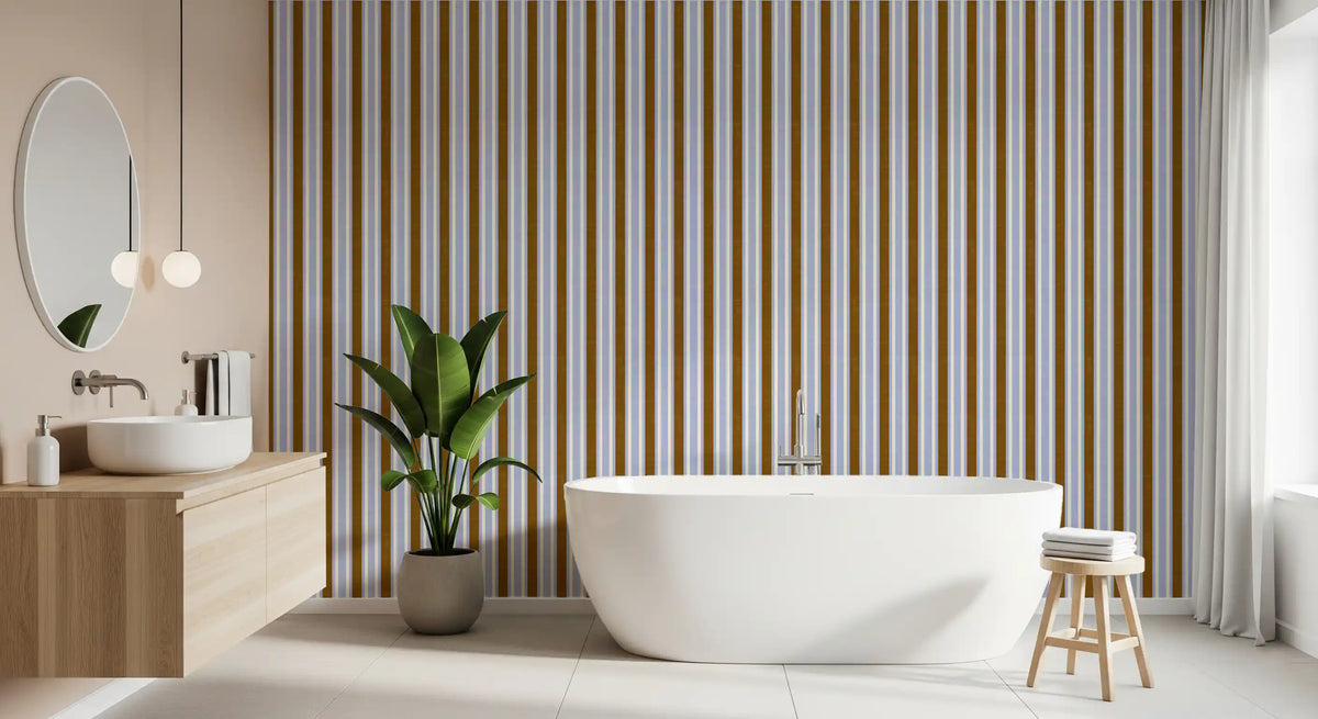 Ivy League Faux Linen Vertical Stripes - Lilac Mustard And Cream Wallpaper⁠