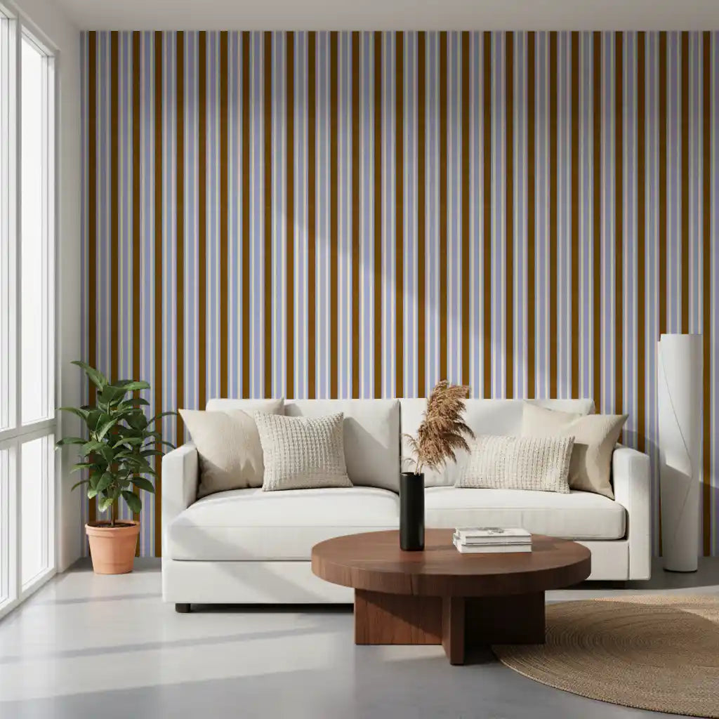 Ivy League Faux Linen Vertical Stripes - Lilac Mustard And Cream Wallpaper⁠