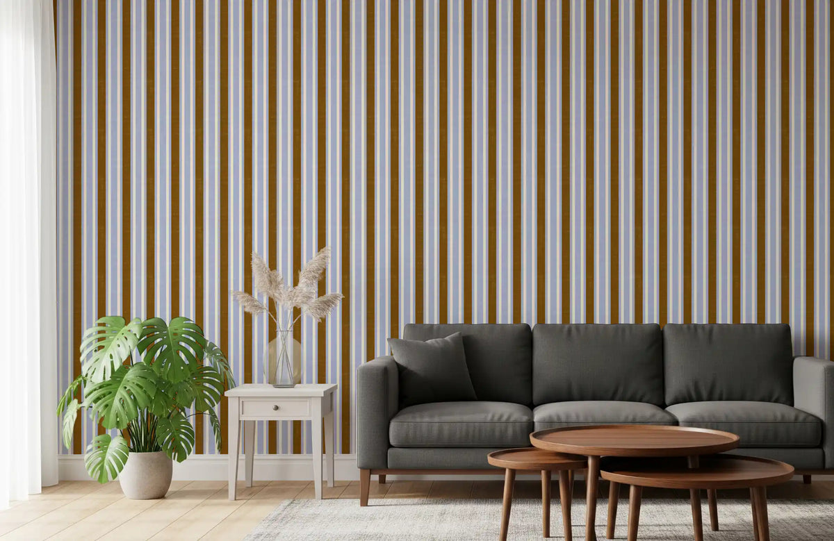 Ivy League Faux Linen Vertical Stripes - Lilac Mustard And Cream Wallpaper⁠