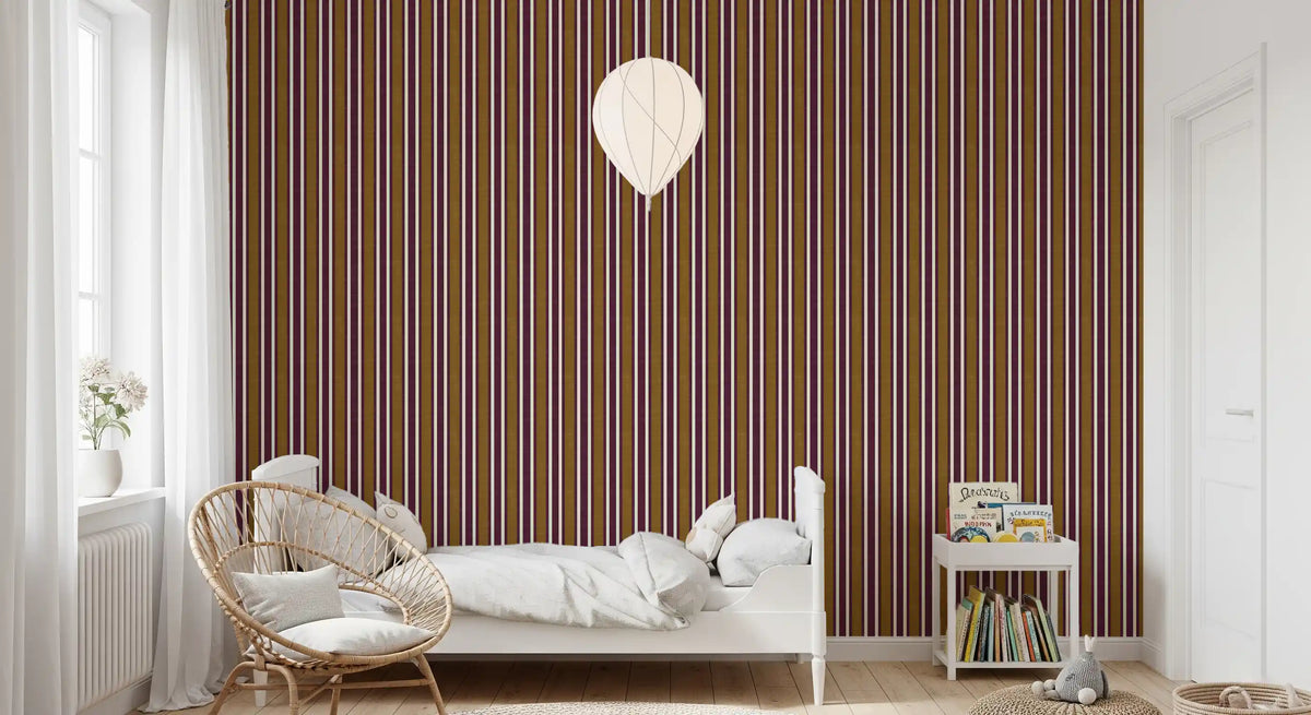 Ivy League Faux Linen Vertical Stripes - Burgundy Mustard And Cream Wallpaper⁠