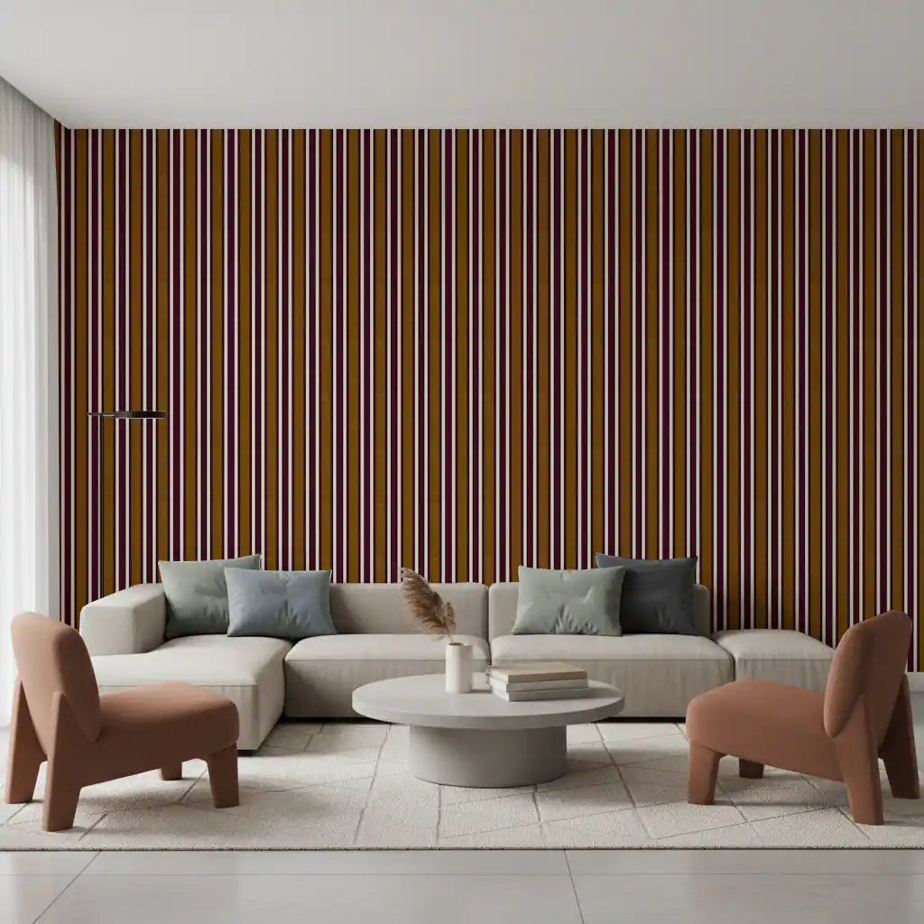Ivy League Faux Linen Vertical Stripes - Burgundy Mustard And Cream Wallpaper⁠