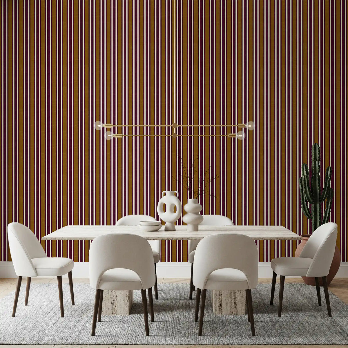 Ivy League Faux Linen Vertical Stripes - Burgundy Mustard And Cream Wallpaper⁠