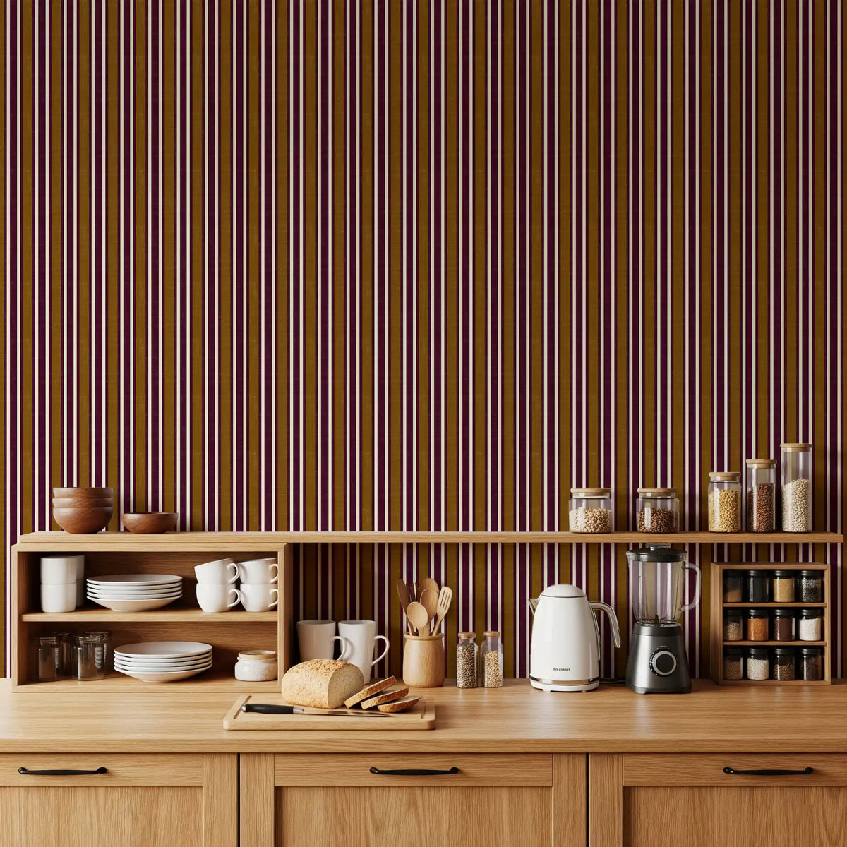 Ivy League Faux Linen Vertical Stripes - Burgundy Mustard And Cream Wallpaper⁠