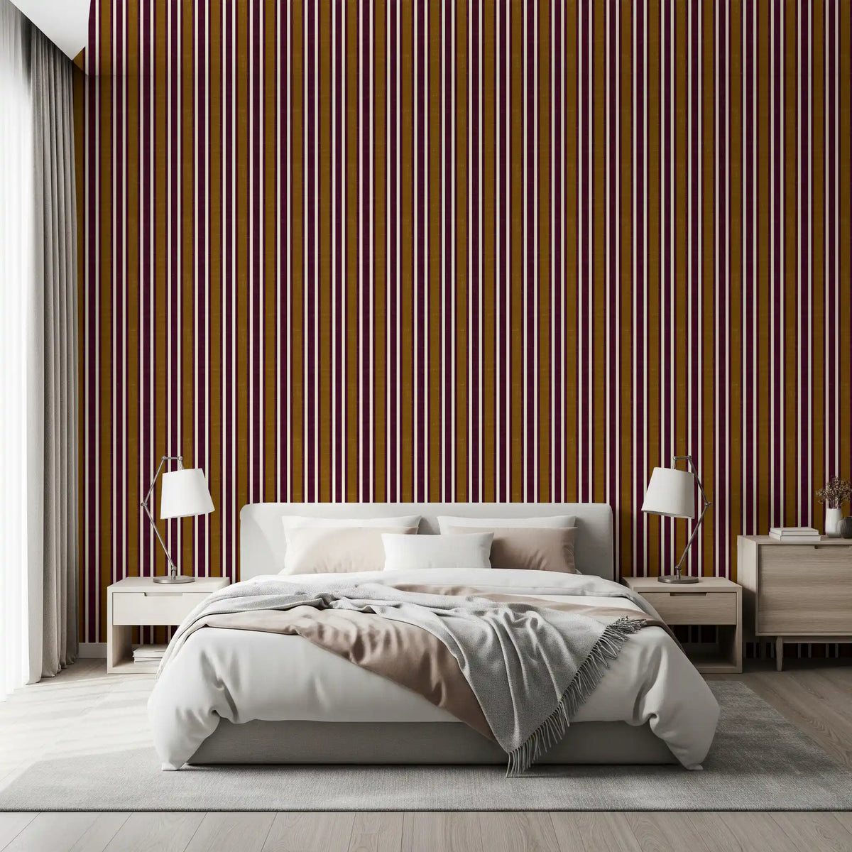 Ivy League Faux Linen Vertical Stripes - Burgundy Mustard And Cream Wallpaper⁠
