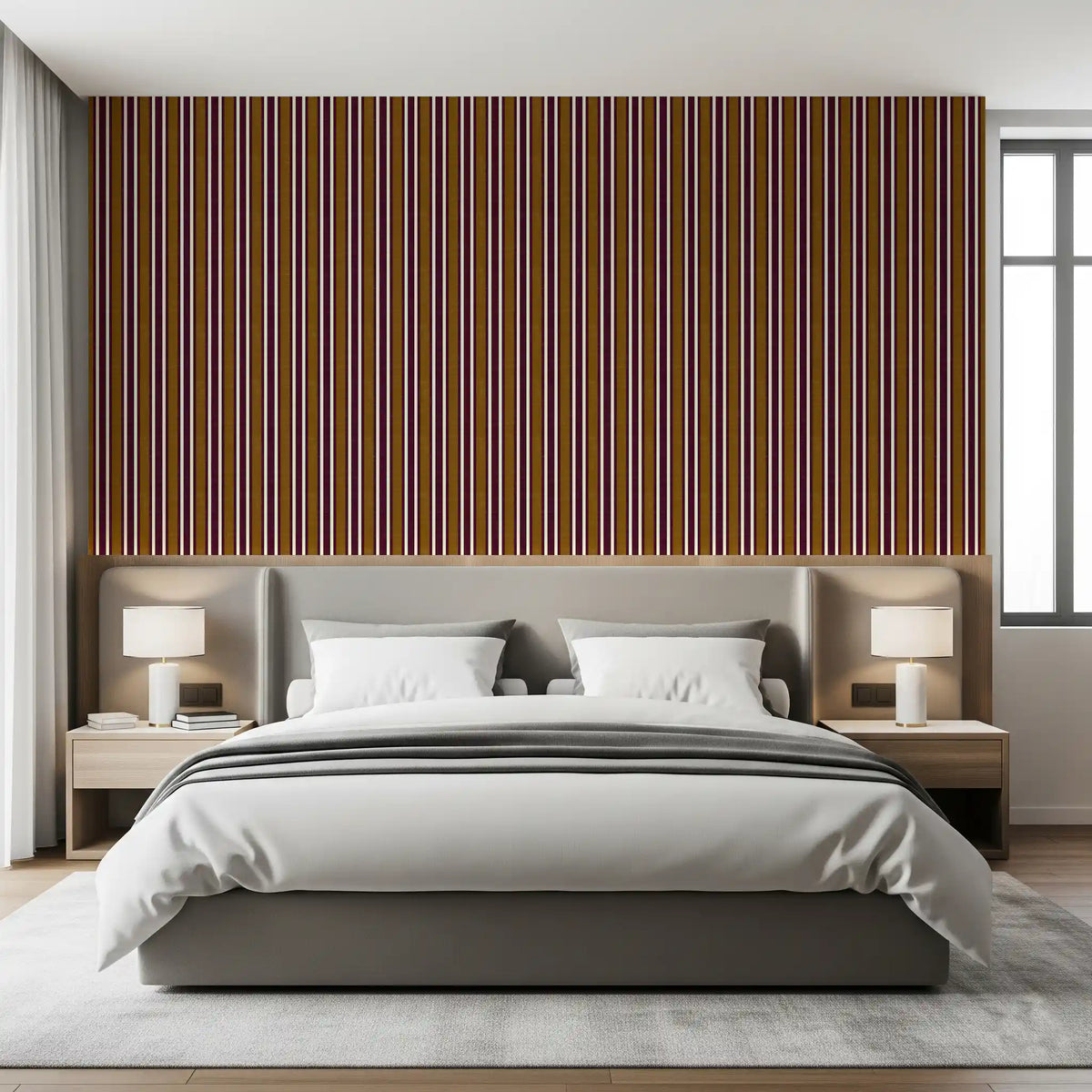 Ivy League Faux Linen Vertical Stripes - Burgundy Mustard And Cream Wallpaper⁠