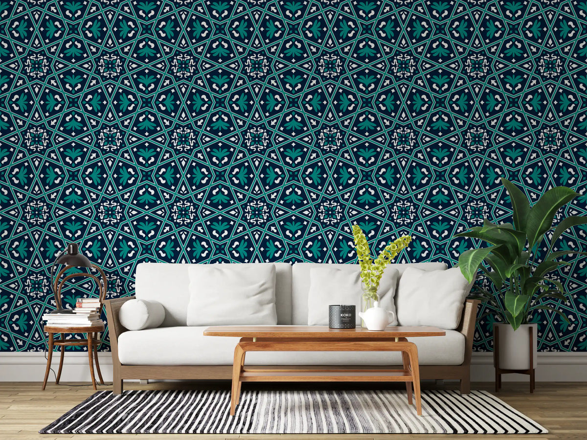 Midnight Teal Geometric Star Tile Wallpaper⁠