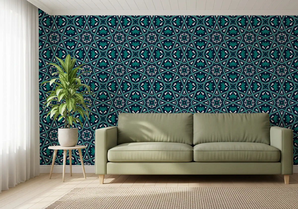 Midnight Teal Geometric Star Tile Wallpaper⁠