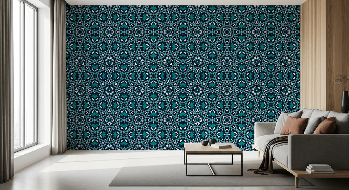 Midnight Teal Geometric Star Tile Wallpaper⁠
