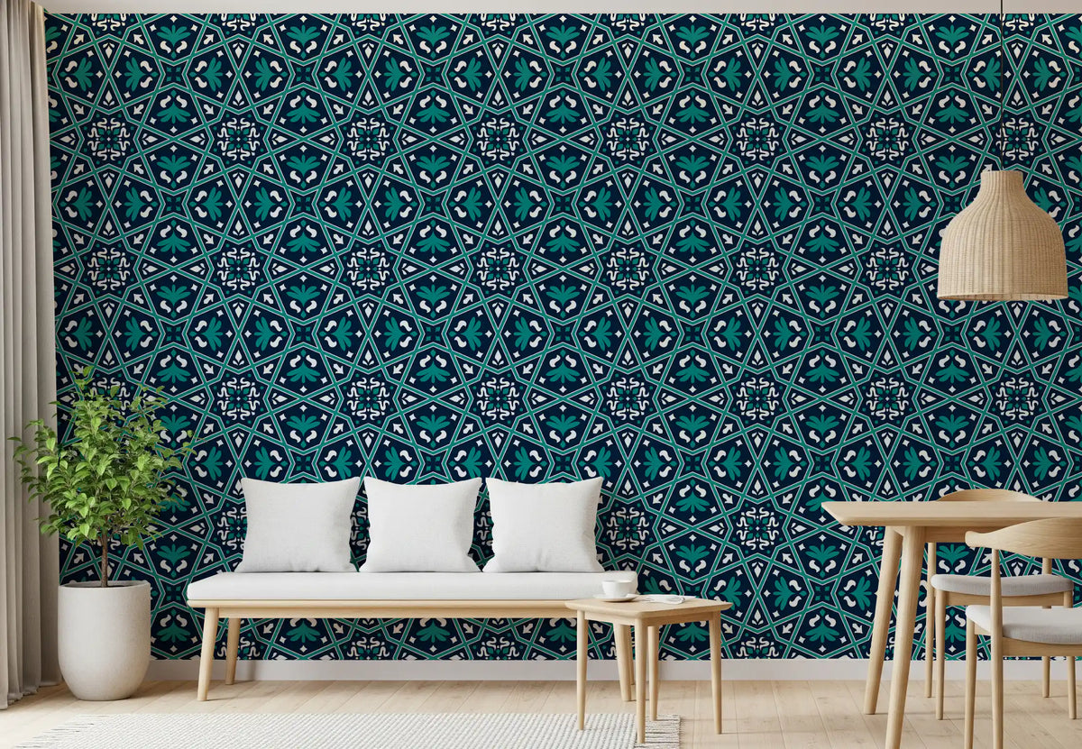 Midnight Teal Geometric Star Tile Wallpaper⁠