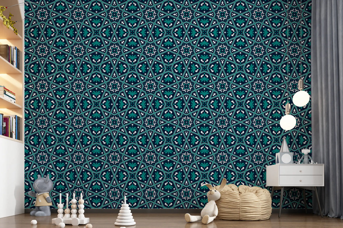 Midnight Teal Geometric Star Tile Wallpaper⁠