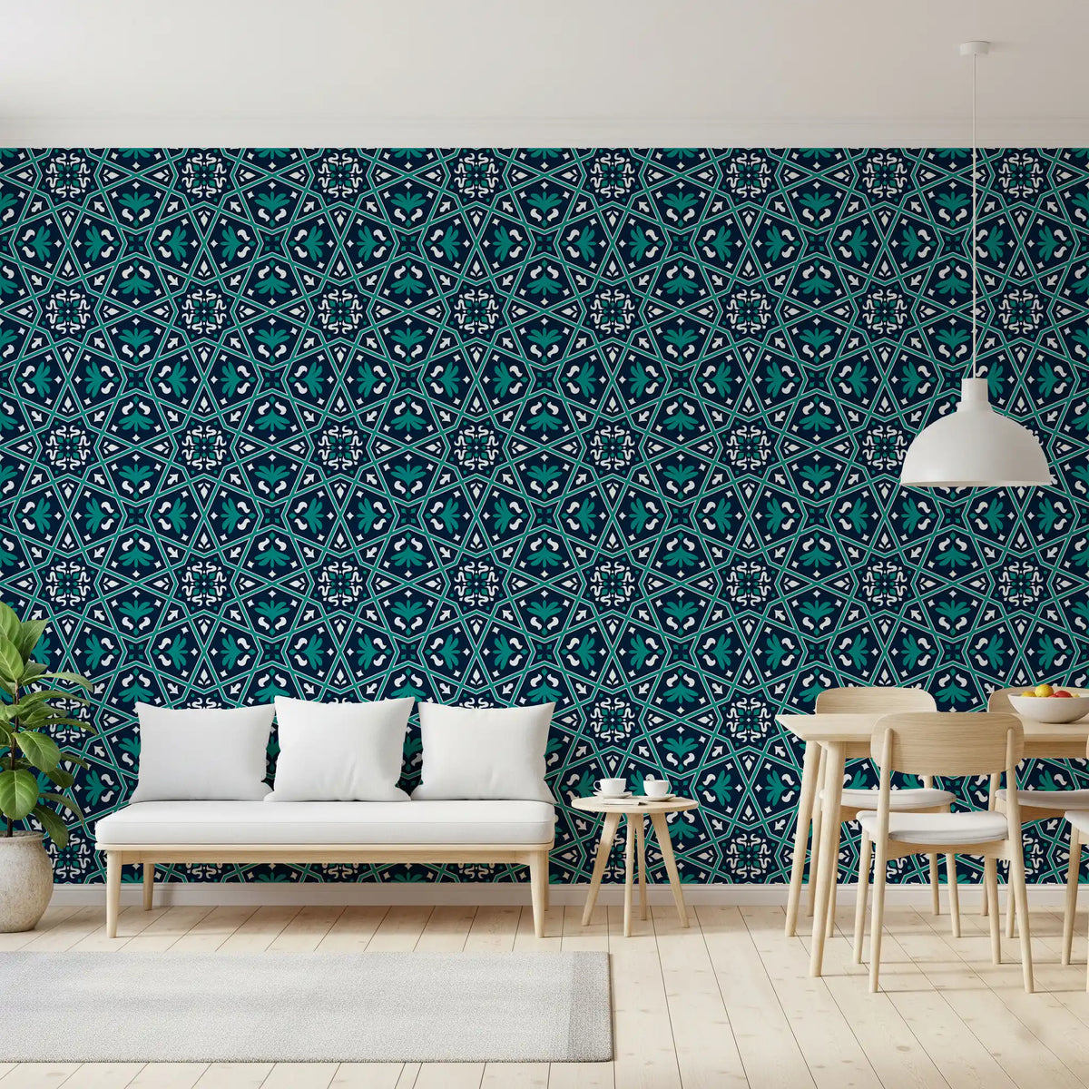 Midnight Teal Geometric Star Tile Wallpaper⁠